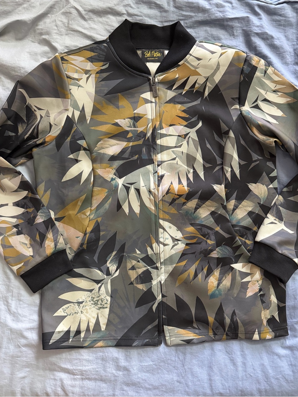 Bob Mackie Wearable Art Leaf Print Bomber Jacket Blouson Full Zip Gray Gold M